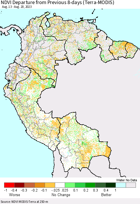 Northern South America NDVI Departure from Previous 8-days (Terra-MODIS) Thematic Map For 8/13/2023 - 8/20/2023