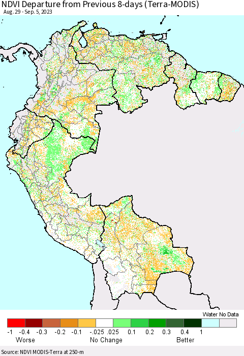 Northern South America NDVI Departure from Previous 8-days (Terra-MODIS) Thematic Map For 8/29/2023 - 9/5/2023