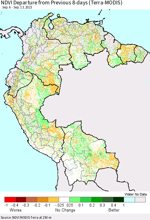 Northern South America NDVI Departure from Previous 8-days (Terra-MODIS) Thematic Map For 9/6/2023 - 9/13/2023