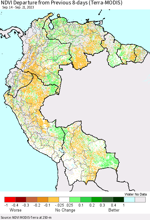 Northern South America NDVI Departure from Previous 8-days (Terra-MODIS) Thematic Map For 9/14/2023 - 9/21/2023