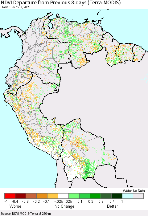 Northern South America NDVI Departure from Previous 8-days (Terra-MODIS) Thematic Map For 11/1/2023 - 11/8/2023
