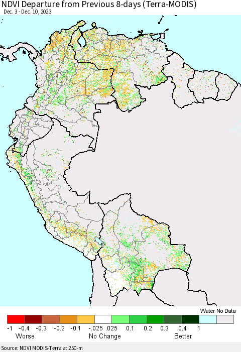 Northern South America NDVI Departure from Previous 8-days (Terra-MODIS) Thematic Map For 12/3/2023 - 12/10/2023