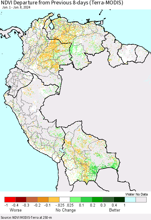 Northern South America NDVI Departure from Previous 8-days (Terra-MODIS) Thematic Map For 1/1/2024 - 1/8/2024