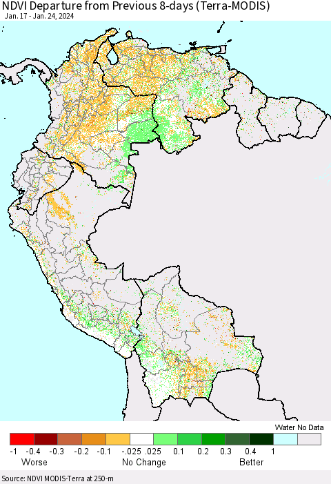 Northern South America NDVI Departure from Previous 8-days (Terra-MODIS) Thematic Map For 1/17/2024 - 1/24/2024