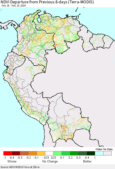 Northern South America NDVI Departure from Previous 8-days (Terra-MODIS) Thematic Map For 2/18/2024 - 2/25/2024