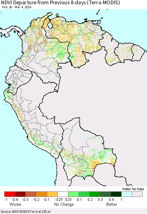 Northern South America NDVI Departure from Previous 8-days (Terra-MODIS) Thematic Map For 2/26/2024 - 3/4/2024