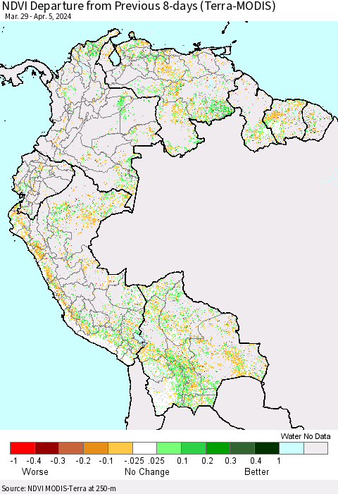 Northern South America NDVI Departure from Previous 8-days (Terra-MODIS) Thematic Map For 3/29/2024 - 4/5/2024
