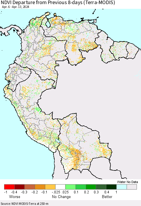 Northern South America NDVI Departure from Previous 8-days (Terra-MODIS) Thematic Map For 4/6/2024 - 4/13/2024