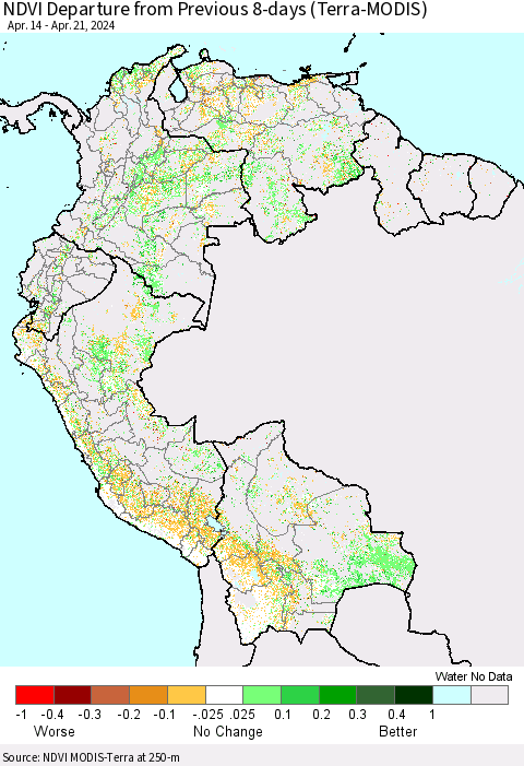 Northern South America NDVI Departure from Previous 8-days (Terra-MODIS) Thematic Map For 4/14/2024 - 4/21/2024