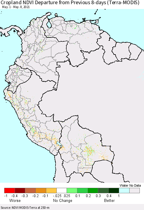 Northern South America Cropland NDVI Departure from Previous 8-days (Terra-MODIS) Thematic Map For 5/1/2021 - 5/8/2021