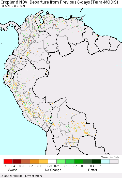 Northern South America Cropland NDVI Departure from Previous 8-days (Terra-MODIS) Thematic Map For 6/26/2021 - 7/3/2021