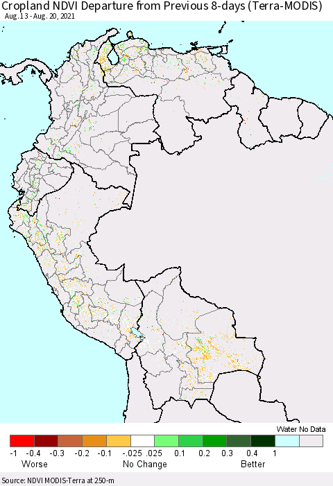 Northern South America Cropland NDVI Departure from Previous 8-days (Terra-MODIS) Thematic Map For 8/13/2021 - 8/20/2021