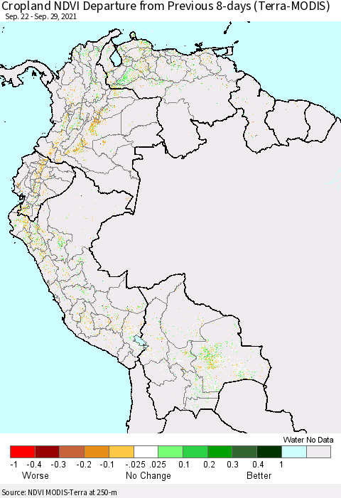 Northern South America Cropland NDVI Departure from Previous 8-days (Terra-MODIS) Thematic Map For 9/22/2021 - 9/29/2021