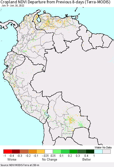 Northern South America Cropland NDVI Departure from Previous 8-days (Terra-MODIS) Thematic Map For 1/9/2022 - 1/16/2022