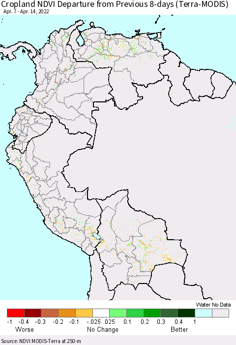 Northern South America Cropland NDVI Departure from Previous 8-days (Terra-MODIS) Thematic Map For 4/7/2022 - 4/14/2022