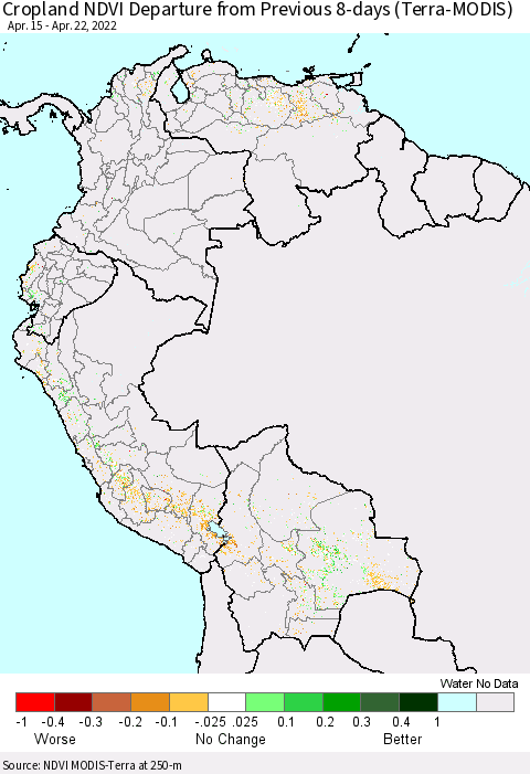 Northern South America Cropland NDVI Departure from Previous 8-days (Terra-MODIS) Thematic Map For 4/15/2022 - 4/22/2022