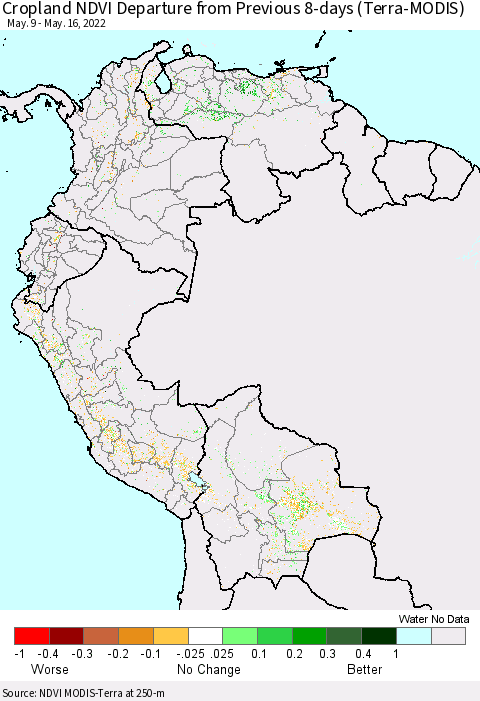 Northern South America Cropland NDVI Departure from Previous 8-days (Terra-MODIS) Thematic Map For 5/9/2022 - 5/16/2022
