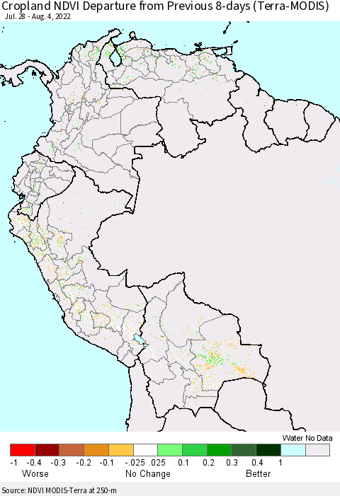 Northern South America Cropland NDVI Departure from Previous 8-days (Terra-MODIS) Thematic Map For 7/28/2022 - 8/4/2022