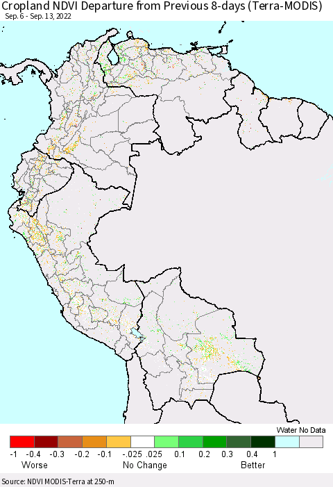 Northern South America Cropland NDVI Departure from Previous 8-days (Terra-MODIS) Thematic Map For 9/6/2022 - 9/13/2022