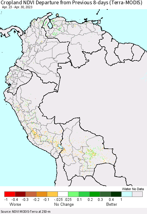 Northern South America Cropland NDVI Departure from Previous 8-days (Terra-MODIS) Thematic Map For 4/23/2023 - 4/30/2023