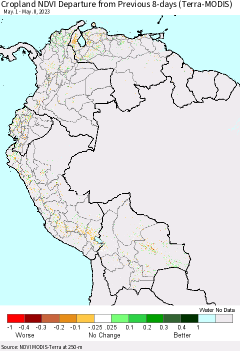 Northern South America Cropland NDVI Departure from Previous 8-days (Terra-MODIS) Thematic Map For 5/1/2023 - 5/8/2023