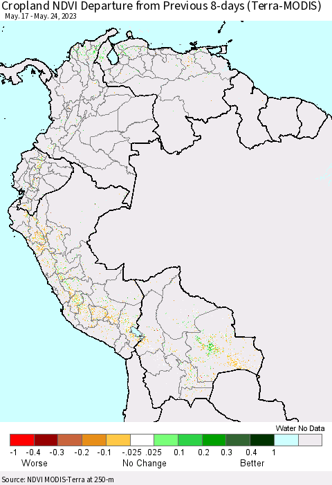 Northern South America Cropland NDVI Departure from Previous 8-days (Terra-MODIS) Thematic Map For 5/17/2023 - 5/24/2023