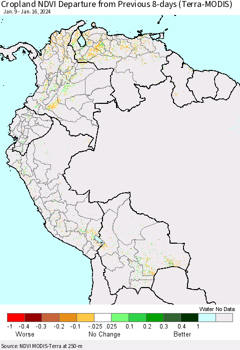 Northern South America Cropland NDVI Departure from Previous 8-days (Terra-MODIS) Thematic Map For 1/9/2024 - 1/16/2024