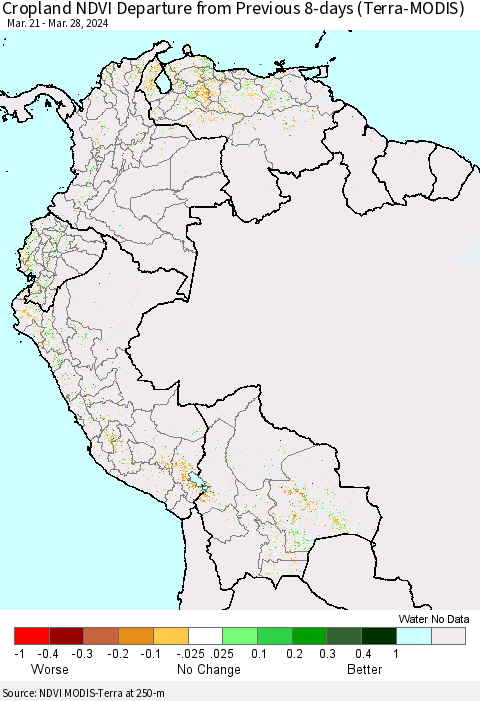 Northern South America Cropland NDVI Departure from Previous 8-days (Terra-MODIS) Thematic Map For 3/21/2024 - 3/28/2024