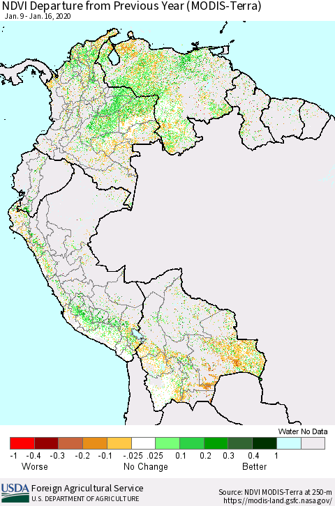 Northern South America NDVI Departure from Previous Year (Terra-MODIS) Thematic Map For 1/11/2020 - 1/20/2020