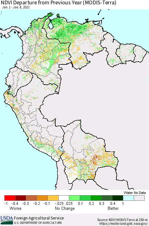 Northern South America NDVI Departure from Previous Year (Terra-MODIS) Thematic Map For 1/1/2021 - 1/10/2021