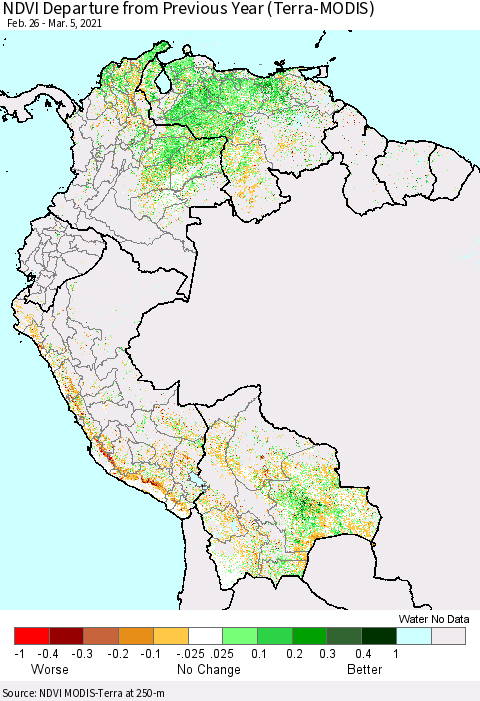 Northern South America NDVI Departure from Previous Year (Terra-MODIS) Thematic Map For 2/26/2021 - 3/5/2021