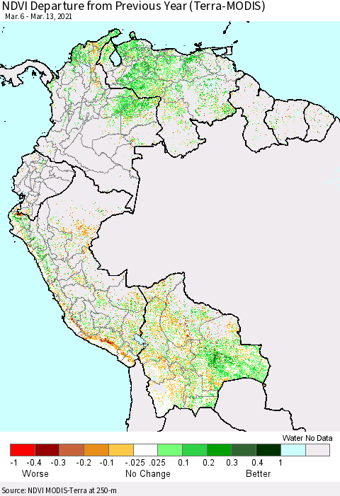 Northern South America NDVI Departure from Previous Year (Terra-MODIS) Thematic Map For 3/6/2021 - 3/13/2021
