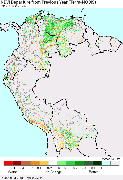 Northern South America NDVI Departure from Previous Year (Terra-MODIS) Thematic Map For 3/14/2021 - 3/21/2021