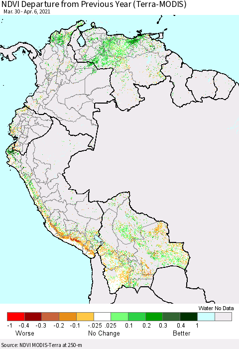 Northern South America NDVI Departure from Previous Year (Terra-MODIS) Thematic Map For 3/30/2021 - 4/6/2021