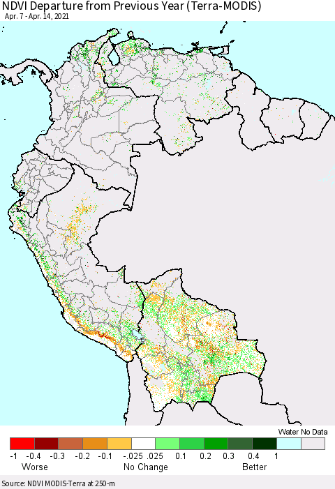 Northern South America NDVI Departure from Previous Year (Terra-MODIS) Thematic Map For 4/7/2021 - 4/14/2021