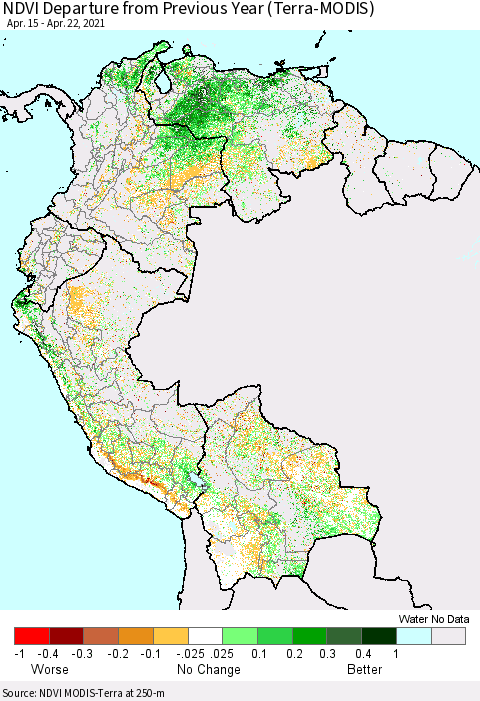 Northern South America NDVI Departure from Previous Year (Terra-MODIS) Thematic Map For 4/15/2021 - 4/22/2021