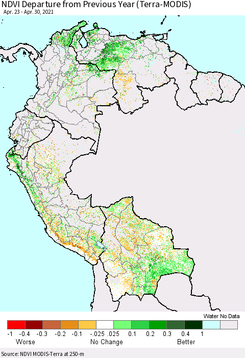 Northern South America NDVI Departure from Previous Year (Terra-MODIS) Thematic Map For 4/23/2021 - 4/30/2021