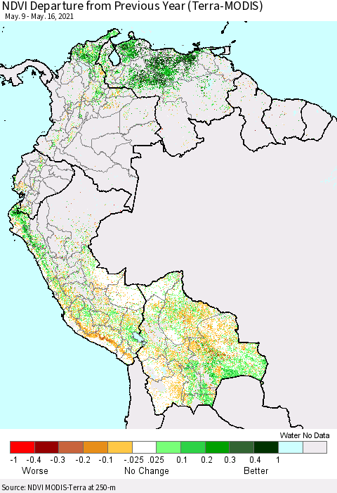 Northern South America NDVI Departure from Previous Year (Terra-MODIS) Thematic Map For 5/9/2021 - 5/16/2021