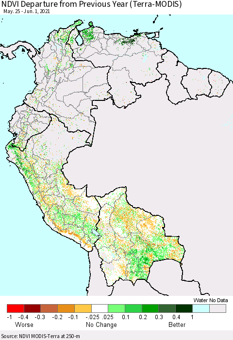 Northern South America NDVI Departure from Previous Year (Terra-MODIS) Thematic Map For 5/25/2021 - 6/1/2021