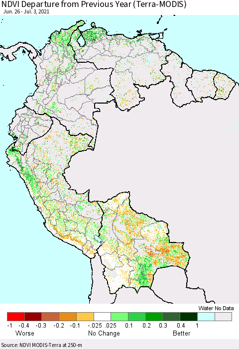 Northern South America NDVI Departure from Previous Year (Terra-MODIS) Thematic Map For 6/26/2021 - 7/3/2021
