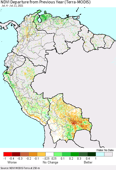Northern South America NDVI Departure from Previous Year (Terra-MODIS) Thematic Map For 7/4/2021 - 7/11/2021