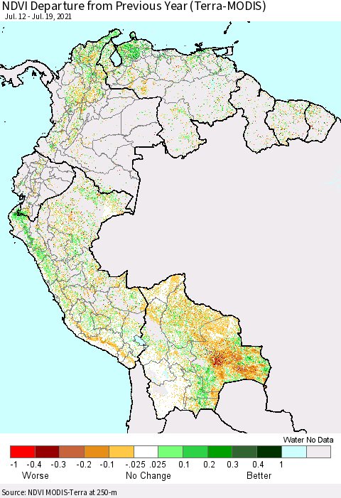 Northern South America NDVI Departure from Previous Year (Terra-MODIS) Thematic Map For 7/12/2021 - 7/19/2021