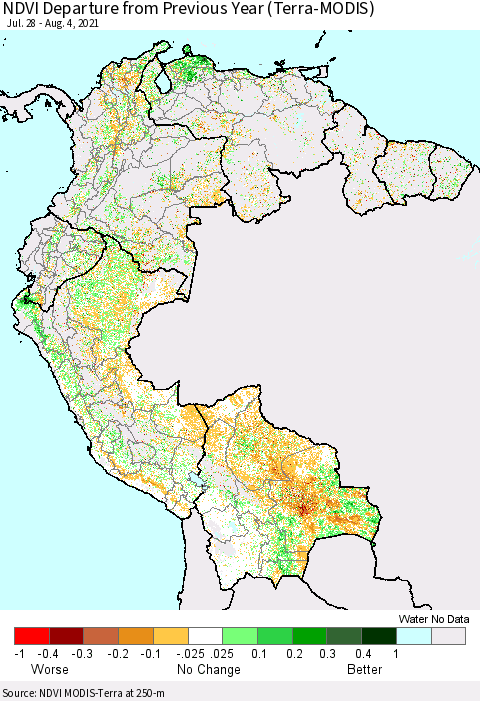 Northern South America NDVI Departure from Previous Year (Terra-MODIS) Thematic Map For 7/28/2021 - 8/4/2021