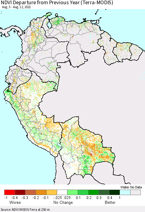 Northern South America NDVI Departure from Previous Year (Terra-MODIS) Thematic Map For 8/5/2021 - 8/12/2021