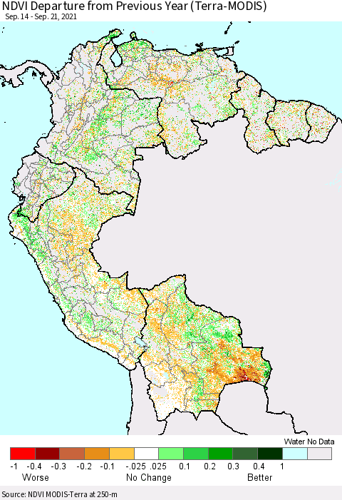 Northern South America NDVI Departure from Previous Year (Terra-MODIS) Thematic Map For 9/14/2021 - 9/21/2021
