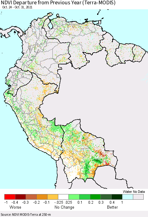 Northern South America NDVI Departure from Previous Year (Terra-MODIS) Thematic Map For 10/21/2021 - 10/31/2021