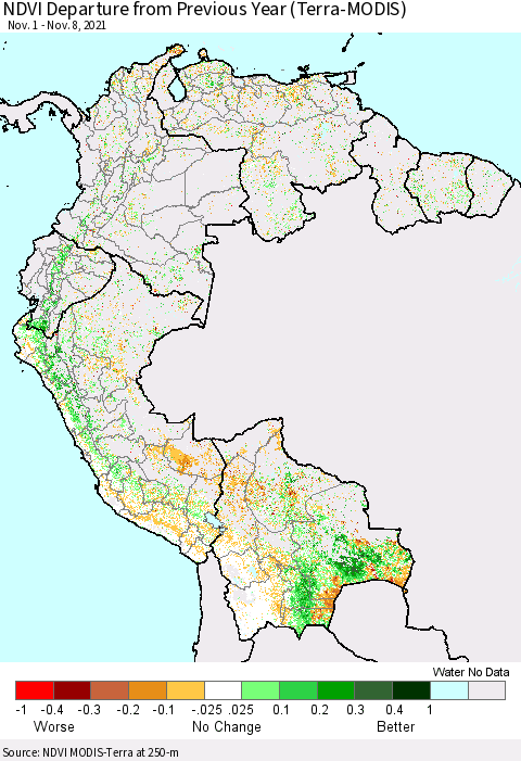 Northern South America NDVI Departure from Previous Year (Terra-MODIS) Thematic Map For 11/1/2021 - 11/8/2021