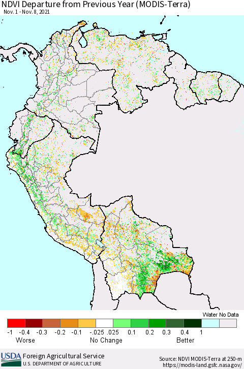 Northern South America NDVI Departure from Previous Year (Terra-MODIS) Thematic Map For 11/1/2021 - 11/10/2021