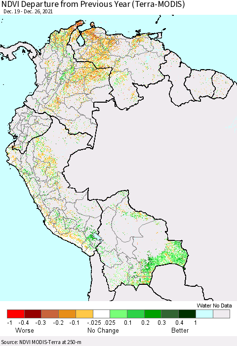 Northern South America NDVI Departure from Previous Year (Terra-MODIS) Thematic Map For 12/19/2021 - 12/26/2021
