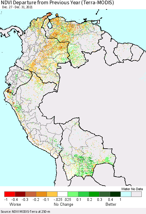 Northern South America NDVI Departure from Previous Year (Terra-MODIS) Thematic Map For 12/26/2021 - 1/2/2022